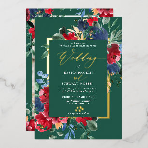 Burgundy green floral gold script photo wedding foil invitation