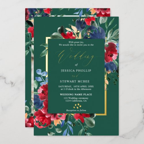 Burgundy green floral gold script photo wedding foil invitation