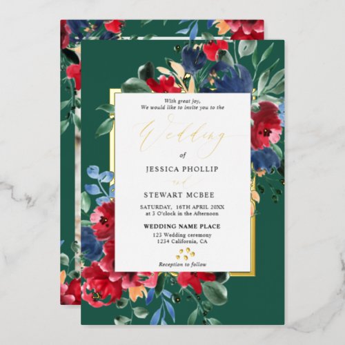 Burgundy green floral gold script photo wedding foil invitation
