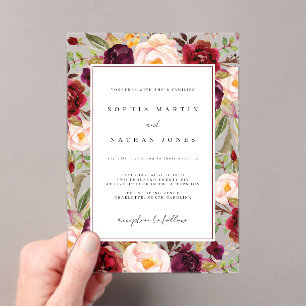 Burgundy Green Floral Leaf Modern Clear Wedding Acrylic Invitations