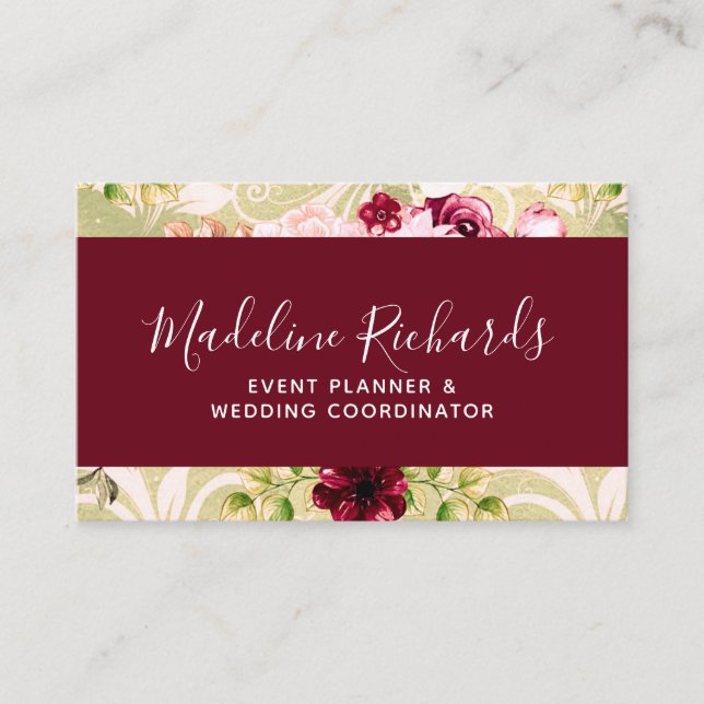 Burgundy & Green Floral with Social Media Icons Business Card (Front)