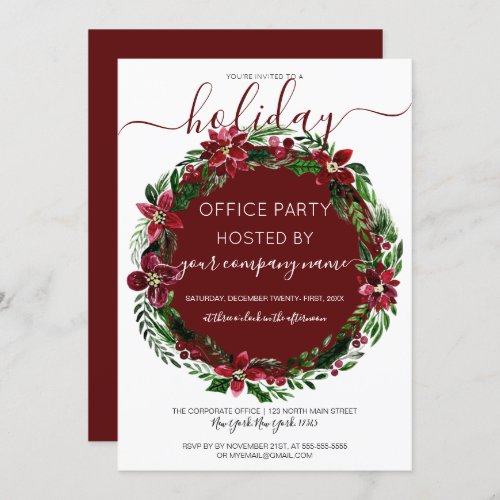 Burgundy Green Floral Wreath Corporate Holiday Invitation