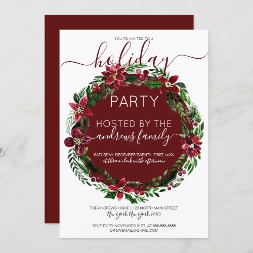 Burgundy Green Floral Wreath Watercolor Holiday Invitation