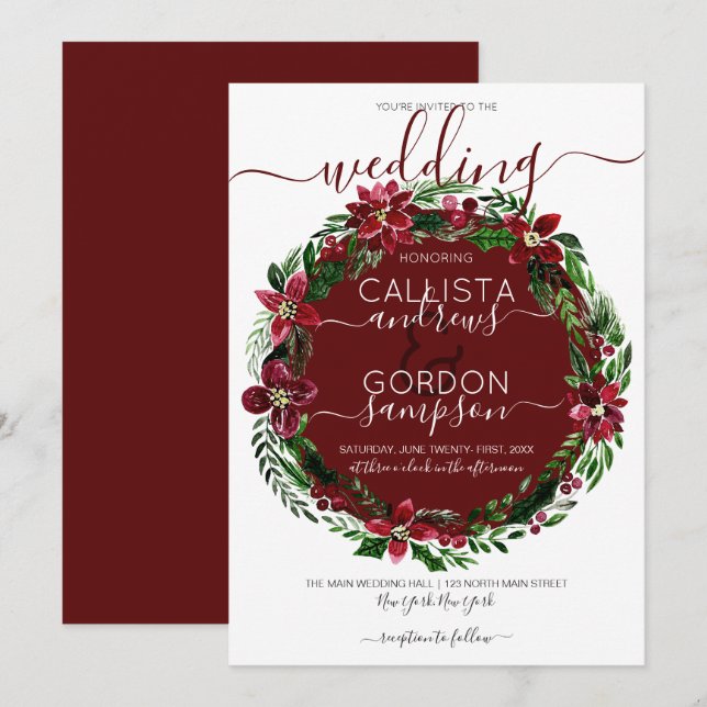Burgundy Green Floral Wreath Watercolor Wedding Invitation (Front/Back)