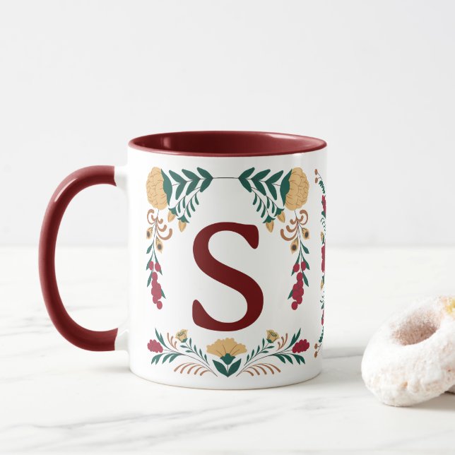 Burgundy Green Gold Flower Decorated Initial Mug (With Donut)