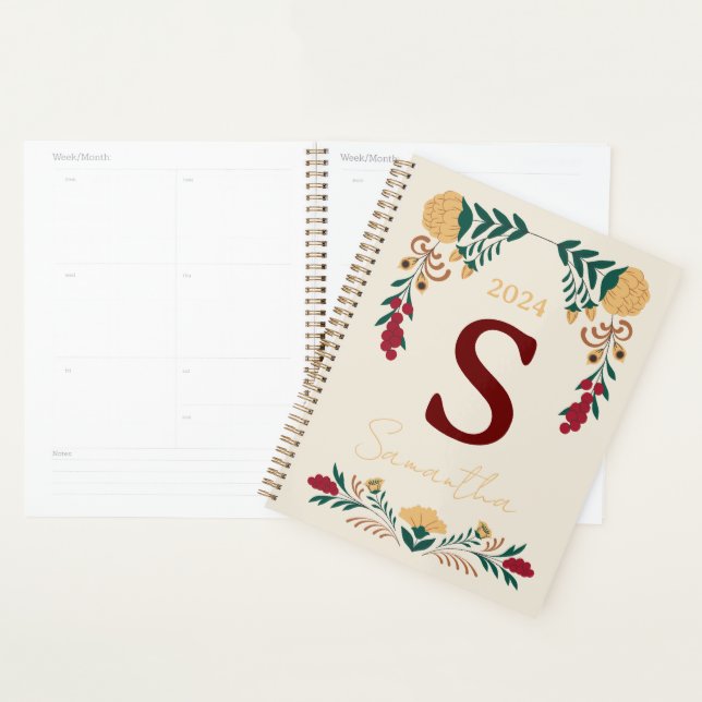 Burgundy Green Gold Flower Decorated Initial Planner (Display)