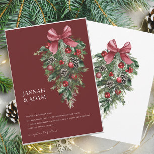 Burgundy Green Holiday Bouquet Winter Wedding Invitation
