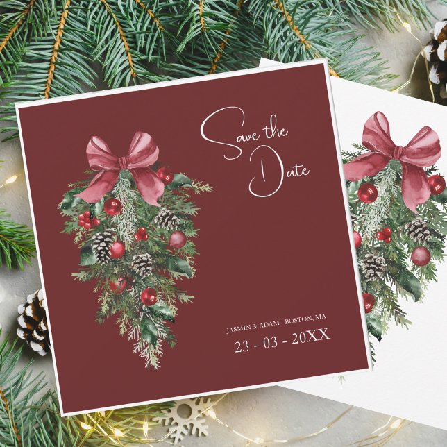Burgundy Green Holiday Pine Wedding Save The Date (Creator Uploaded)