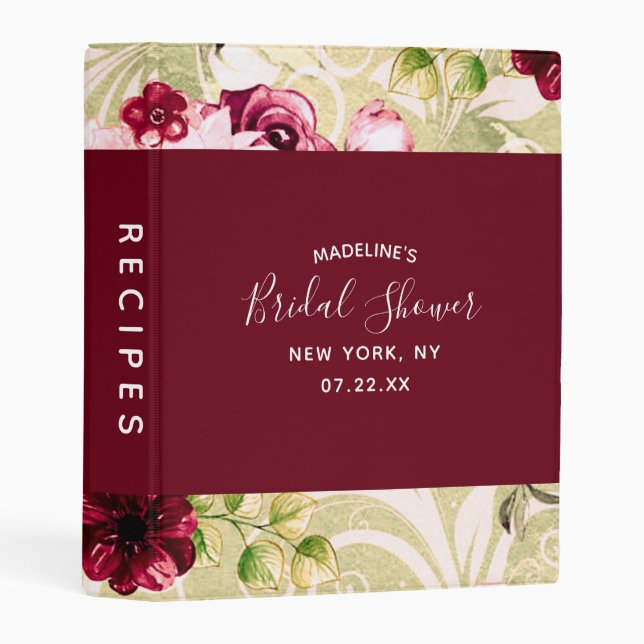 Burgundy Green & Pink Bridal Shower Recipe Card Mini Binder (Front/Spine)