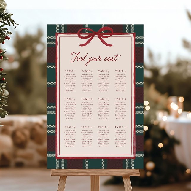 Burgundy Green Plaid Christmas Bow Seating Chart Foam Board (Burgundy green plaid Christmas wedding seating chart with red bow, elegant winter table arrangement.)