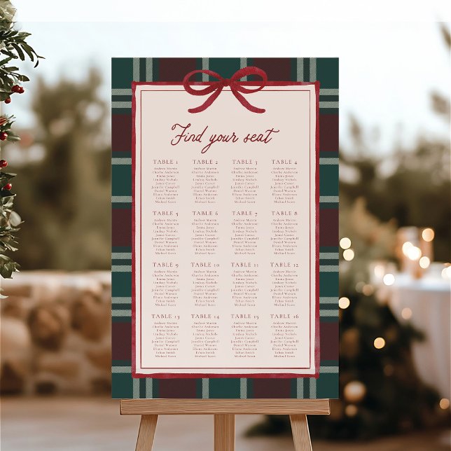 Burgundy Green Plaid Christmas Bow Seating Chart Foam Board (Burgundy green plaid Christmas wedding seating chart with red bow, elegant winter table arrangement.)