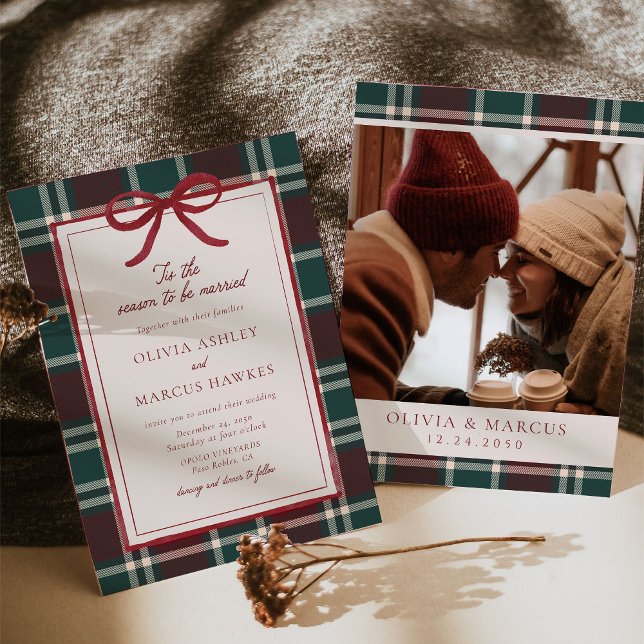 Burgundy Green Plaid Christmas Bow Wedding Invitation (Burgundy green plaid Christmas wedding invitation with red bow, classic winter holiday design.)