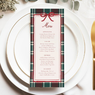 Burgundy Green Plaid Christmas Bow Wedding Menu