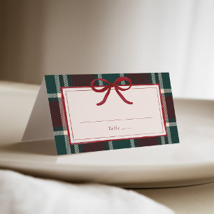 Burgundy Green Plaid Christmas Bow Wedding Place Card
