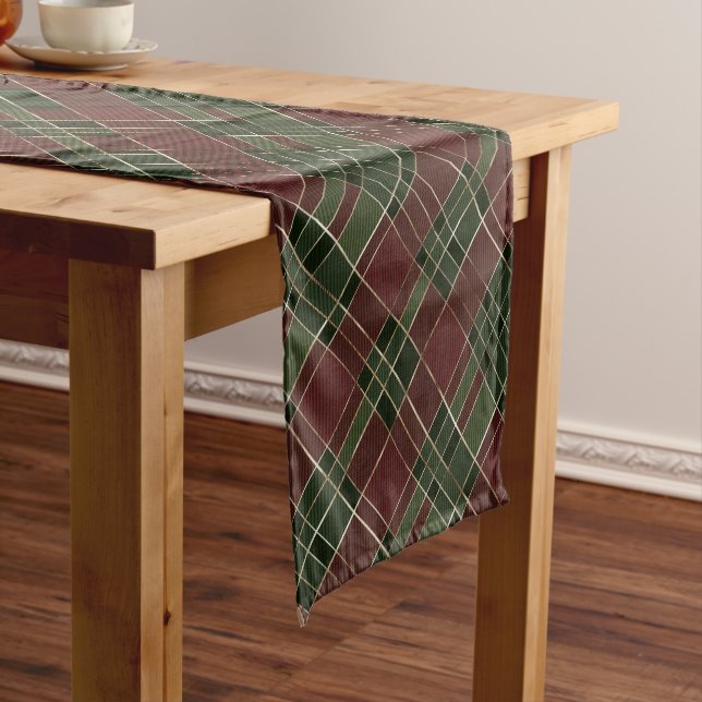 Burgundy Green Plaid Christmas Holiday Short Table Runner (In Situ)