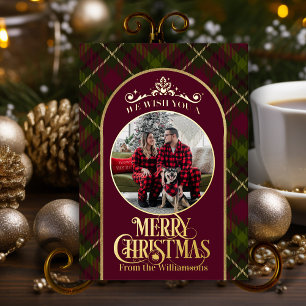 Burgundy & Green Plaid With Name & Photo Christmas Foil Holiday Card
