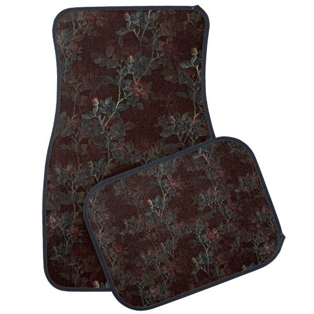 Burgundy Green Rose Bush Pattern Floral  Car Floor Mat (Set)