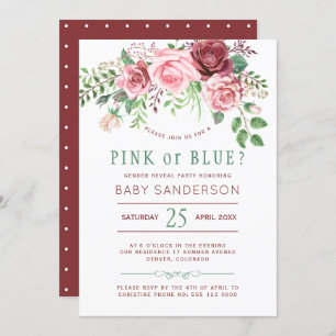 Burgundy Green Roses Baby Gender Reveal Party Invitation