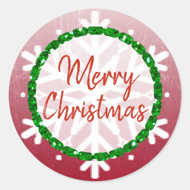 Burgundy Green Snowflake Merry Christmas Classic Round Sticker (Front)