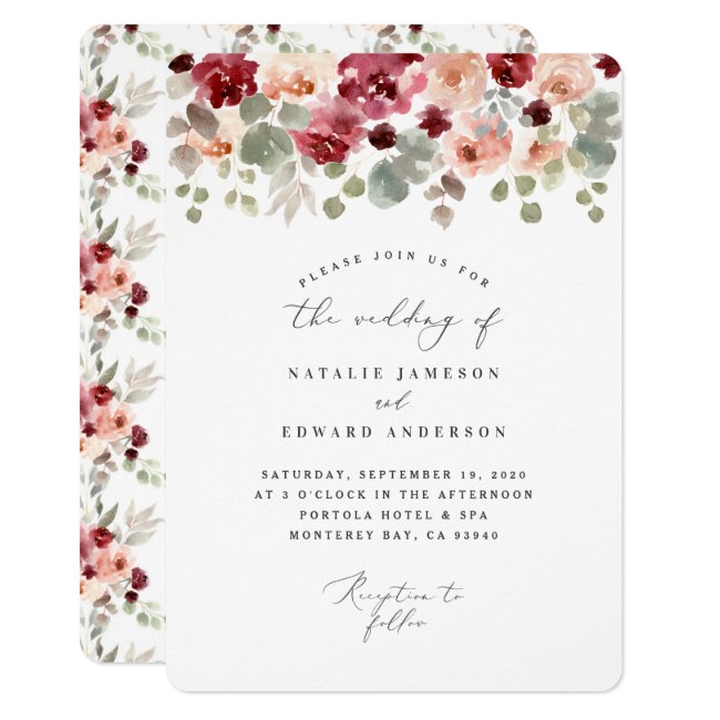 Burgundy green watercolor floral wedding invitation
