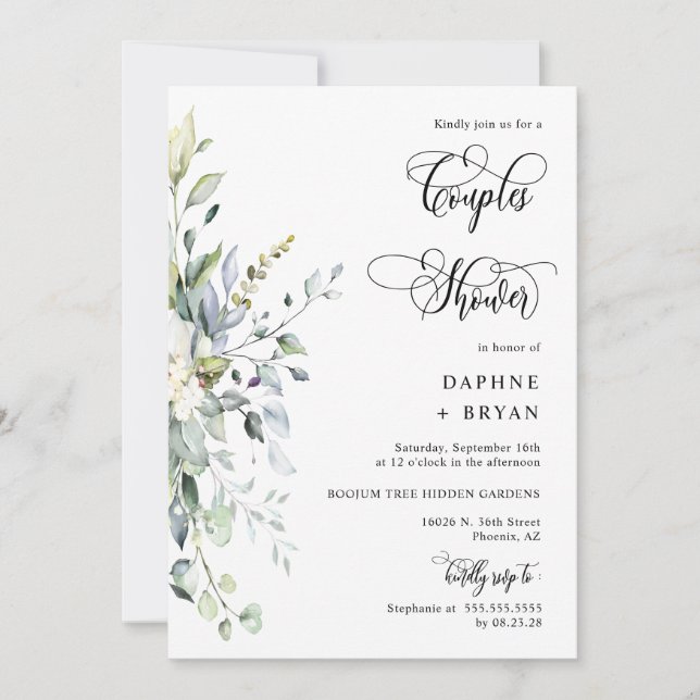 Burgundy Greenery Couples Shower QR Code Photo Invitation (Front)
