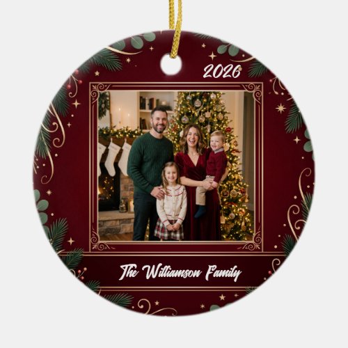 Burgundy Greenery Family Photo Christmas Ceramic Ornament