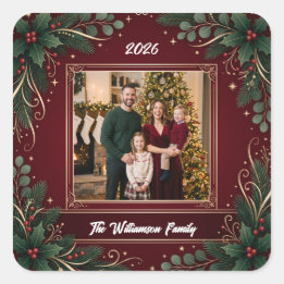 Burgundy Greenery Family Photo Christmas Sticker