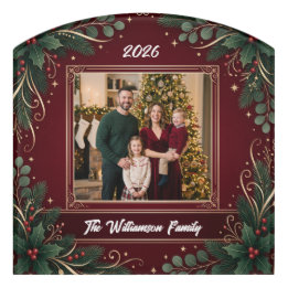Burgundy Greenery Family Photo Personalized Christ Door Sign