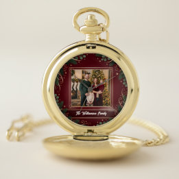 Burgundy Greenery Family Photo Personalized Pocket Watch