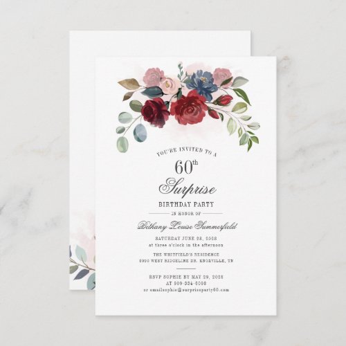 Burgundy Greenery Floral 60th Birthday Party Invitation