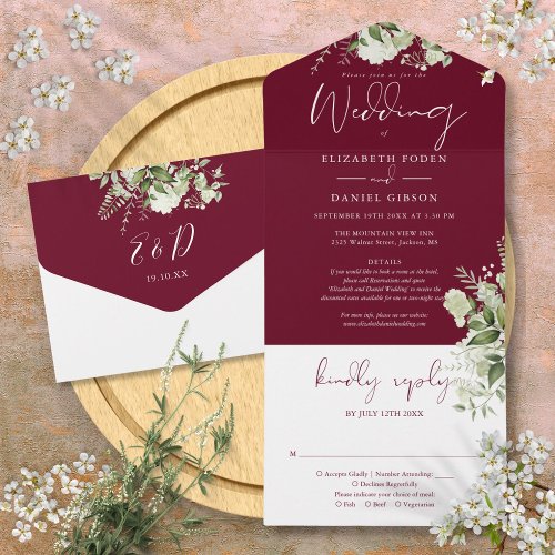 Burgundy Greenery Floral Details RSVP Wedding All In One Invitation