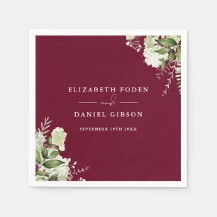 Burgundy Greenery Floral Elegant Names Date Napkins