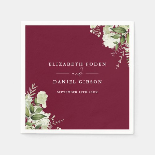 Burgundy Greenery Floral Elegant Names Date Napkins