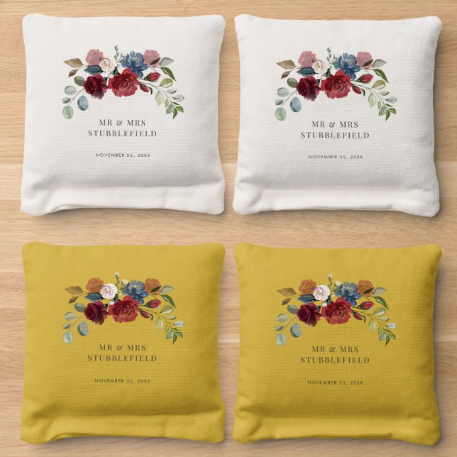 Burgundy Greenery Floral Monogram Wedding Cornhole Bags (Wood)