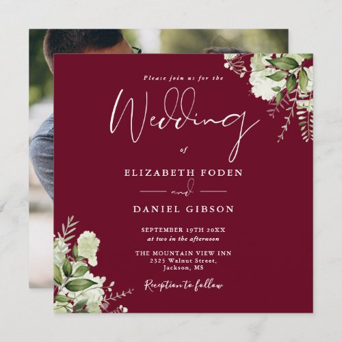 Burgundy Greenery Floral Photo Square Wedding Invitation