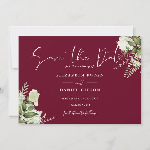 Burgundy Greenery Floral Photo Wedding Save The Date