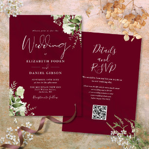 Burgundy Greenery Floral QR Code Wedding Invitation