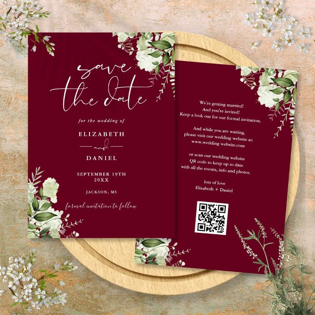 Burgundy Greenery Floral QR Code Wedding Save The Date (Burgundy Greenery Floral QR Code Wedding Save The Date)