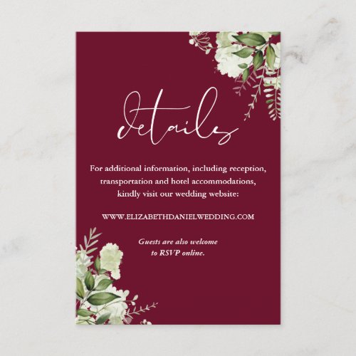 Burgundy Greenery Floral Wedding Details Enclosure Card