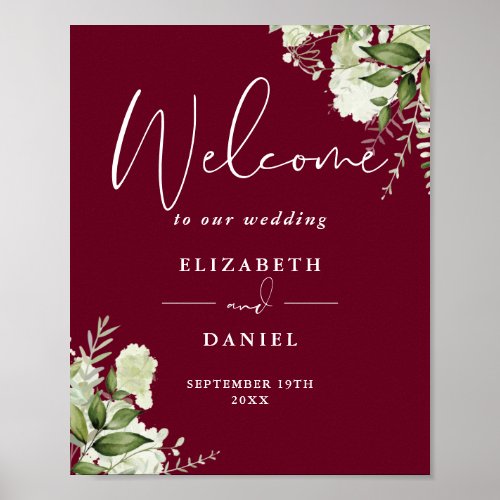 Burgundy Greenery Floral Wedding Welcome Sign