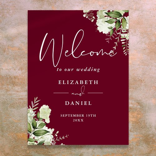 Burgundy Greenery Floral Wedding Welcome Sign