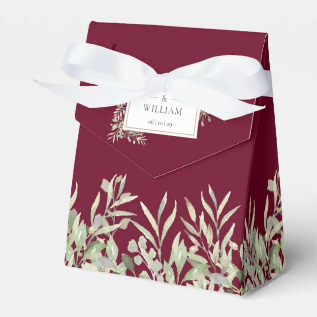 Burgundy Greenery Foliage Wedding Favor Box (Front Side)