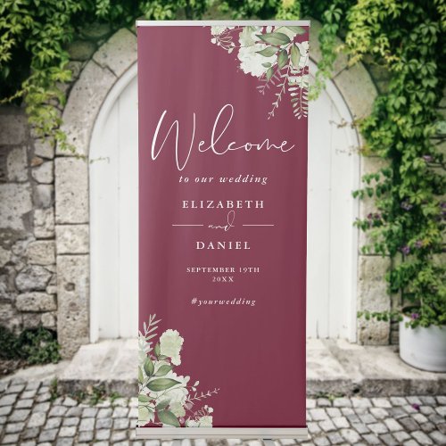 Burgundy Greenery Foliage Wedding Welcome Retractable Banner