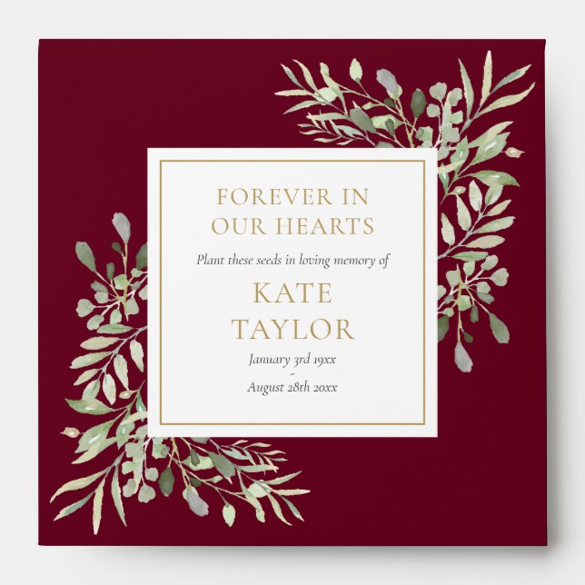 Burgundy Greenery Funeral Memorial Seed Packet Envelope (Front)