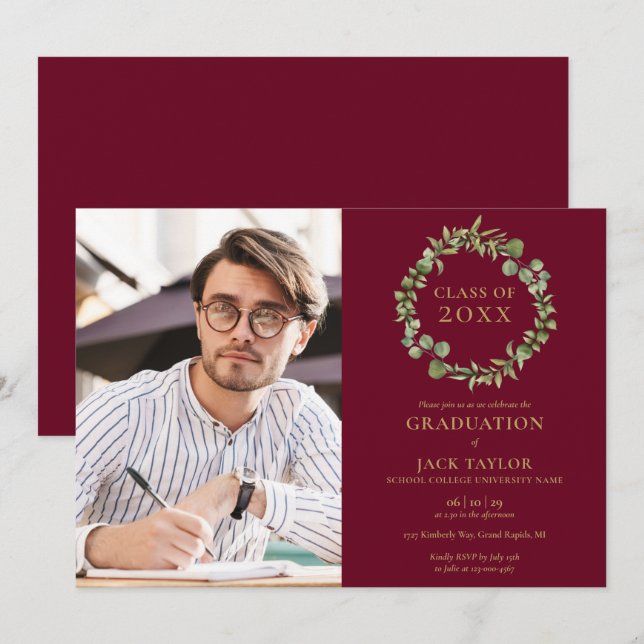 Burgundy Greenery Garland Photo Graduation Party I Invitation (Front/Back)