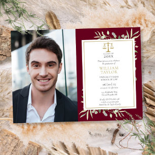 Burgundy Greenery Gold Law School Graduation Photo Invitation