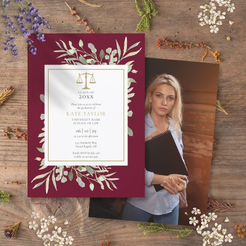 Burgundy Greenery Law School Graduation Photo Invitation