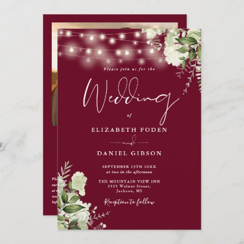 Burgundy Greenery Lights QR Code Photo Wedding Invitation