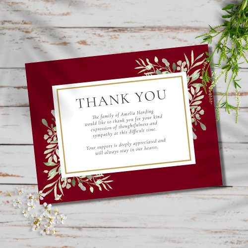 Burgundy Greenery Memorial Funeral Thank You Note Card