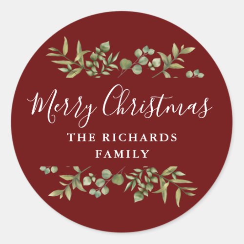 Burgundy Greenery Merry Christmas Family Name Classic Round Sticker